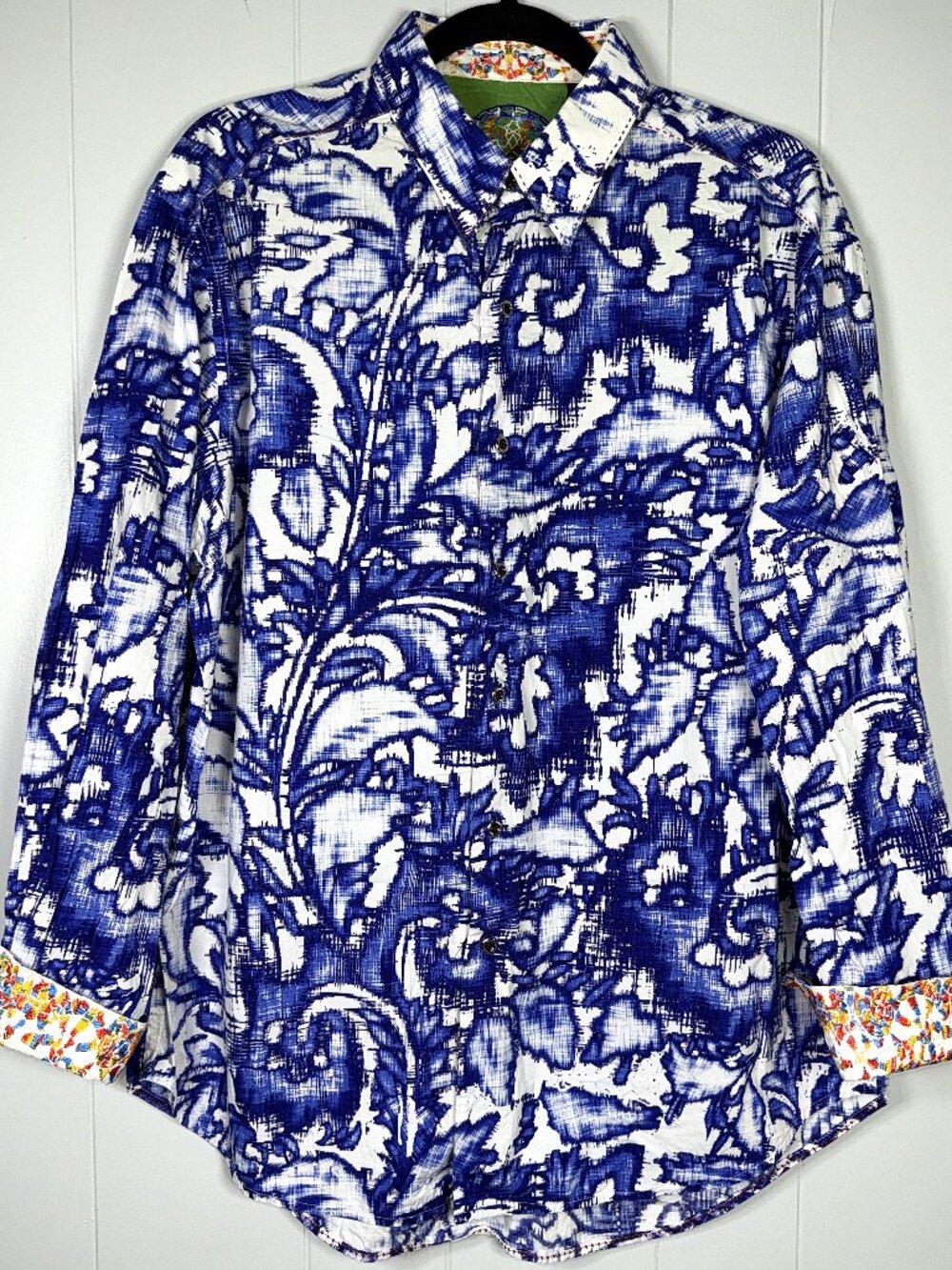 Robert Graham Blue White Paisley Floral Button-Up Embroidered Flip Cuff Shirt L